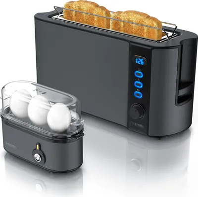 Produktbild von Arendo Frühstücks Set in Grau - Eierkocher und Edelstahl Langschlitz Toaster