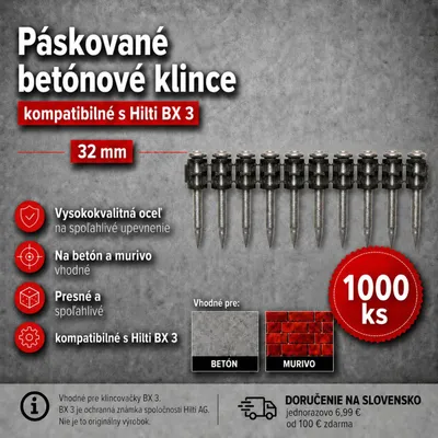 Obrázok produktu pre Betónové hmoždinky 32 mm – 1000 kusov, kompatibilné s Hilti BX 3 – vhodné na betón a murivo