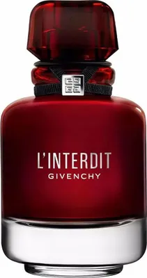 A studio shot of a red Givenchy L'Interdit Rouge Eau De Parfum bottle.