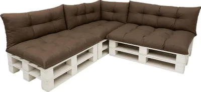 A sectional sofa made from white wooden pallets with brown cushions, shown against a white background.