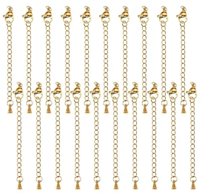 Produktbild von Kettenverlängerungen 20 Stück - Edelstahl - Goldfarben - Krabbenverschluss - Tropfenform - Geeignet für Schmuck