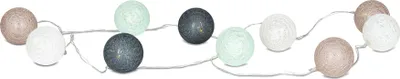 A string of decorative lights with spherical bulbs in various colors.
