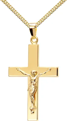 Produktbild von Kreuz-Anhänger Jesus Christus für Damen, Herren und Kinder als Kettenanhänger mit Panzer-Kette 925 Silber vergoldet + Schmuck-Etui
