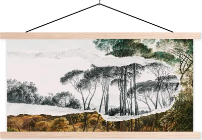 Produktbild von MuchoWow® Textilposter Italienische Landschaft Schirmkiefern - Kunst - Hendrik Voogd - Malerei - Schwarz-Weiß - Alte Meister 120x60 cm mit holzfarbenen Rahmen - Klemmleiste