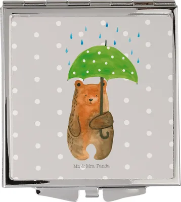 Produktbild von Mr. & Mrs. Panda Kosmetikspiegel Bär Regenschirm - Grau Pastell - Geschenk, Kleiner Spiegel, Mini, Frauen, Freunde, Familie, Handspiegel, Liebeskummer, Liebe, Teddy