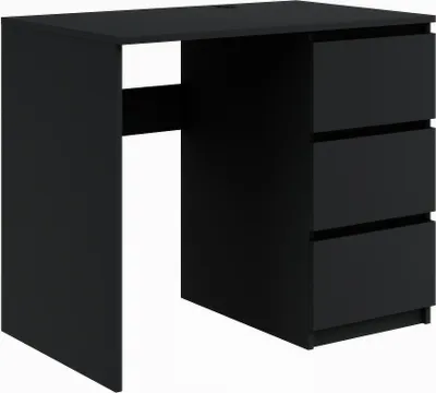 A black desk with three drawers on the right side, shown from a slightly elevated angle.
