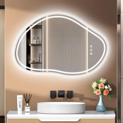 Produktbild von PESENXAN LED-Badspiegel, asymmetrisch, 90 x 60 cm, 3 Lichtfarben, dimmbar, Touch-Schalter, beschlagfrei, Silber