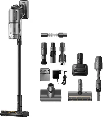 A display of a cordless vacuum cleaner and its various attachments, neatly arranged against a white background.