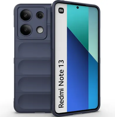 A dark blue phone case is shown next to a smartphone displaying a colorful abstract design and the text 'Redmi Note 13'.