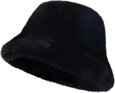 Produktbild von Winter-Eimerhut für Damen, flauschiger Plüsch, kurze Krempe, einfarbig, Kuppel, winddicht, wärmend, Sonnenschutz, Fischermütze, Kopfbedeckung für Outdoor-Reisen, Schwarz