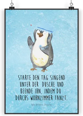 Produktbild von Mr. & Mrs. Panda Poster Pinguin Duschen DIN A3 - Eisblau - Geschenk, Pinguine, Neuanfang, wanddeko, drucke, Motivation, Duschkonzert, Singen, Kunstdruck, Posterdruck