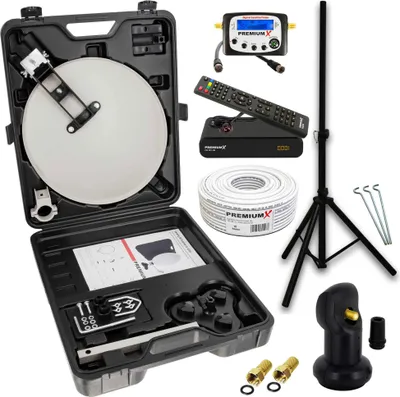 Produktbild von PremiumX mobile Camping SAT Anlage Satellitenschüssel TV Receiver Satelliten-Finder Single LNB 10m Kabel Koffer Camp Stativ