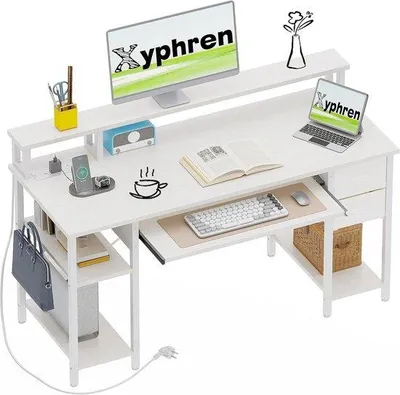 Produktbild von Schreibtisch mit 2 Schubladen, 120 x 50 cm, Computertisch Gaming Tisch mit Tastatur, verstellbare Sideboard, Monitor Standard und Steckdose