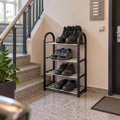 Productafbeelding van Schoenenrek, schoenenopslag, kunststof, zwart, zilver, 4 etages, hoogte 65 cm