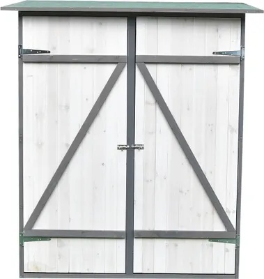 A front view of a wooden garden shed with double doors.