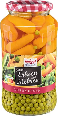 Obrázok produktu pre Hofgut mladý hrášok veľmi jemný a mrkva predvarená v pohári 720ml