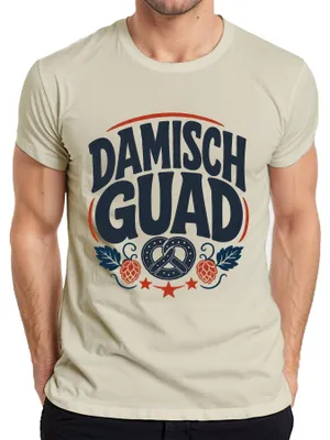 Productafbeelding van Damisch Guad Bayern : Brezel, hop, bier, lederhosen, heren T-shirt, naturel, 3XL