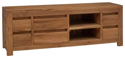 Image de Meuble TV de 110 x 30 x 40 cm, en bois de teck massif, finition naturelle