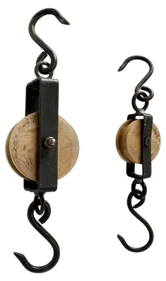 Produktbild von Garderobenhaken Set Flaschenzug - mit Mangoholzrolle Vintage Umlenkrolle Seilwinde - mit Metallhaken