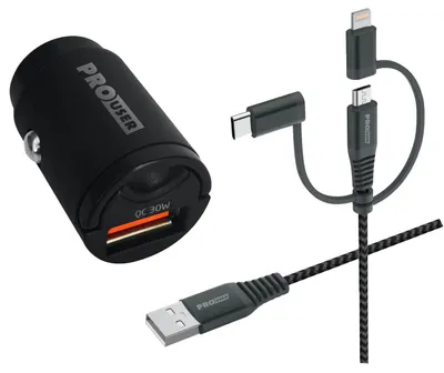 Produktbild von PROUSER KFZ USB-Lader-Set 20176, QC, extra klein, 3in1 USB-Kabel, schwarz