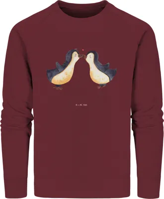 Produktbild von Mr. & Mrs. Panda Bio Baumwoll Pullover Pinguine Kuss Größe M - Burgundy - Geschenk, Valentinstag, Sweatshirt, Hochzeitstag, Mitbringsel, für Frauen, Pulli, Freundin