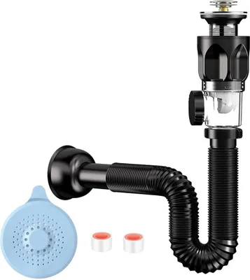 Produktbild von Abflusskorb für die Spüle, flexibles Abflussrohr, Siphon für die Spüle, geruchs- und insektenresistentes, ausziehbares Abflussset für die Spüle 290–1000 mm, Siphon für die Küchenspüle (schwarz)