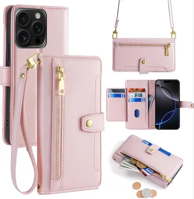 Produktbild von Handykette für iPhone 16 Pro – Kunstleder Hülle mit Band, Kartenfächern & Umhängetasche Rosa