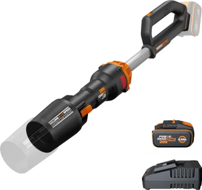 A cordless leaf blower with a battery and charger shown separately.
