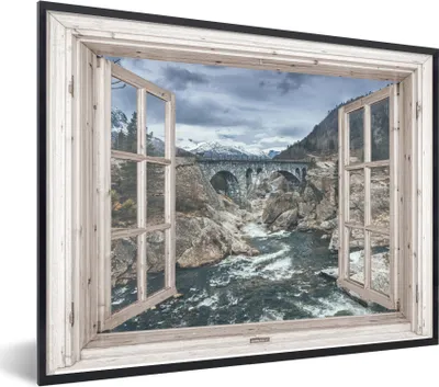 Produktbild von MuchoWow® Gerahmtes Poster Aussicht - Brücke - Wasser 80x60 cm - Poster mit Schwarzem Bilderrahmen Wandposter Rahmen Foto Bilder - Schwarzem - Mit Gestell