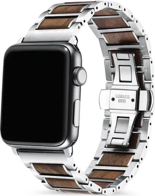 Produktbild von Strap-it Apple Watch Stahl-/Holzarmband (Silber/Braun)