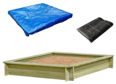 Produktbild von Sandkasten Werner 150x150x25 cm Kiefernholz imprägniert mit Plane blau und Vlies Sandkiste für Kinder Holz Buddelkiste
