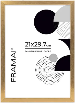 Image de Cadre photo FRAMAI® 21 x 29,7 cm, doré, en MDF, cadre écologique avec verre acrylique incassable, crochet de suspension et support