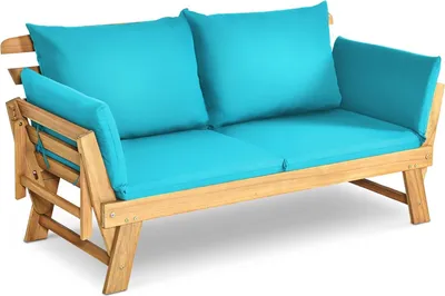 Immagine prodotto di Panchina da giardino KOMFOTTEU in legno di acacia, sedia a sdraio con cuscino, lettino prendisole regolabile su entrambi i lati, panchina multifunzionale (turchese)
