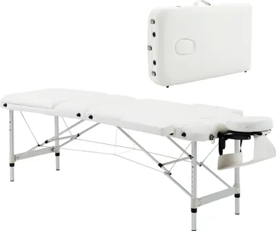 Obrázek produktu pro Masážní stůl – skládací 3zónové lehátko – výškově nastavitelné 61–84 cm – rozměry 215 x 81 cm – kovový rám – umělá kůže – opěrka hlavy a područky – bílá barva