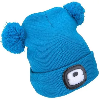 A blue knitted beanie with two pom-poms and a built-in LED light on the front.