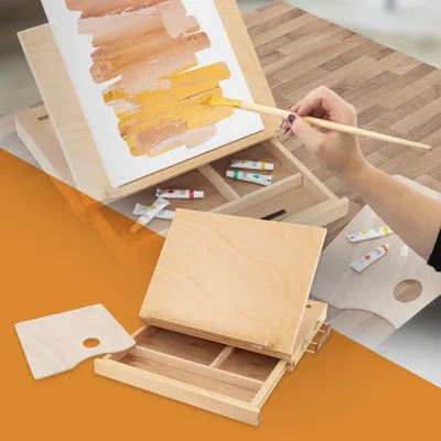 Produktbild von ECD Germany Tischstaffelei aus Holz, 33,5x26x6 cm, Natur, aus Holz, Sitzstaffelei klein mit Schublade und Palette, tragbar & verstellbar, Kofferstaffelei zum Malen & Zeichnen, Malkoffer Malkasten