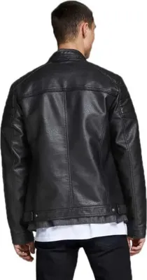 A man wearing a black leather jacket.