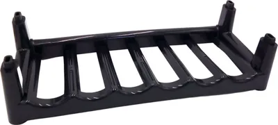 A black plastic wine rack is shown against a white background.