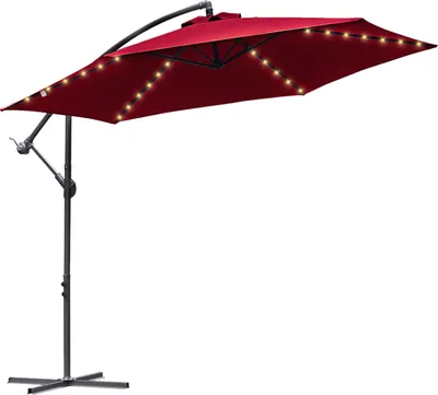 Image de Jiubiaz Parasol 350cm éclairage LED & manivelle - protection UV hydrofuge pliable - Parasol de marché - rouge