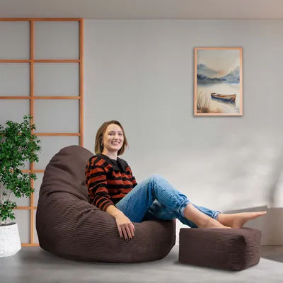 Produktbild von Dreamroots Sitzsack, Puff 90x90x100 cm, Sitzsack mit Füllung, Sitzsack mit Fußhocker, Sitzsack mit Bezug Dark Chocolate