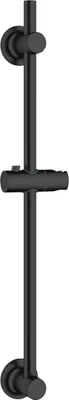 A black shower rail with a soap dish.