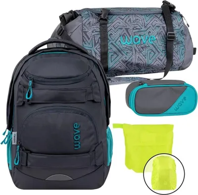 Produktbild von Wave Schulrucksack Set Mädchen Jungs "Grey Lagoon" mit Regenschutz