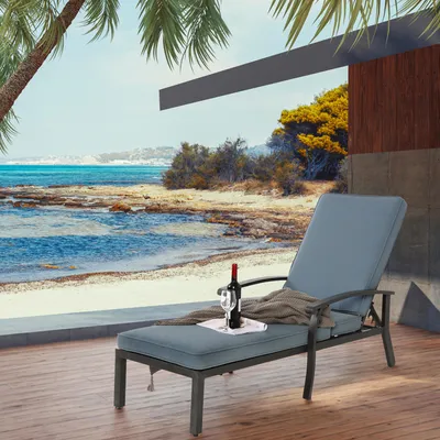 Image de Chaise longue réglable en aluminium avec coussin en coton, revêtement bleu imperméable, chaise longue de piscine pour l'extérieur