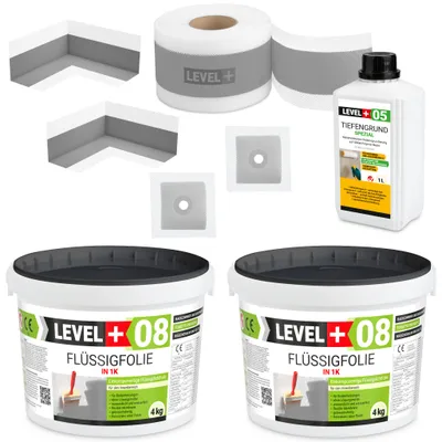 Immagine prodotto di Set di sigillatura per bagno impermeabilizzazione doccia foglio liquido 8 kg nastro sigillante primer penetrante LEVEL+ SET57