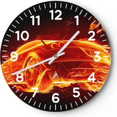 Produktbild von Wanduhr - Rund - Glasuhr - Auto Feuer Illustration - 30x30cm - Schleichendes Uhrwerk - Lautlos - zum Aufhängen bereit - Dekoration Modern - Wanddekoration aus Glas - C4AR30x30-0204