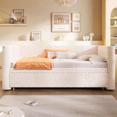 Produktbild von Flieks Schlafsofa 90x200cm/180x200cm, Polsterbett mit Ausziehbarem Bett, Jugendbett Einzelbett mit Led, Tagesbett Daybed Samt, Beige