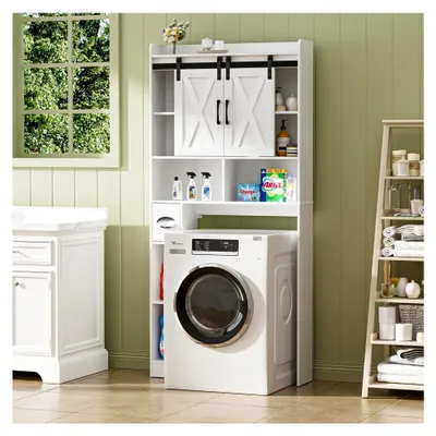 Produktbild von Waschmaschinenschrank mit 2 Schiebetüren, verstellbaren Ablagen, Waschmaschinenregal mit Seitenfach für Papierhandtücher und 4 offenen Fächern, für Badezimmer, Toilette und Waschküche, Weiß