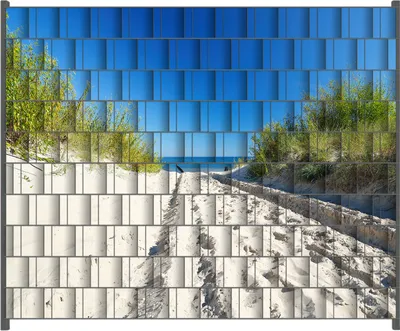 Produktbild von Wallario Zaunsichtschutz mit Motiv Auf dem Sandweg zum Strand - Blauer Himmel über dem Meer für Ein- und Doppelstabmatten Zäune in der Größe 250 x 200 cm