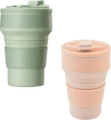 Produktbild von Faltbarer Silikonbecher - wiederverwendbar - 2 Stück - grün und rosa - 350 ml