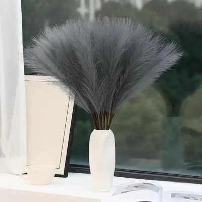 Image de 30 tiges de plume de pampa décorative, fleurs artificielles, 55 cm, gris foncé